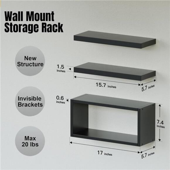 Black Floating Shelves Set of 3, Modern Bathroom Shelves Wall - Picture 2 of 7